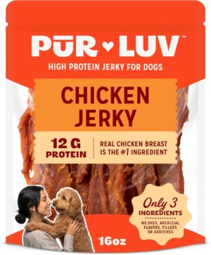 Pur Luv Chicken Jerky Dog Treats, Made with 100% Real Chicken Breast, 16 Ounces, Healthy, Easily Digestible, Long-Lasting, High Protein, Satisfies Dog's Urge to Chew
