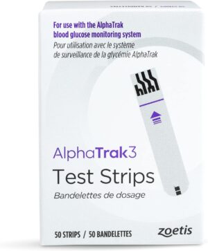 AlphaTrak 3 test strips box showing 50 count for dogs, cats, and horses