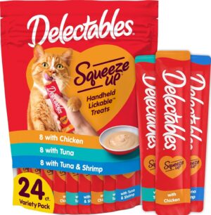 Delectables squeezable cat puree treats variety pack showing 24 total tubes