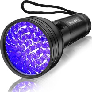 Vansky black light pet urine detector showing durable aluminum alloy body with 51 UV LEDs