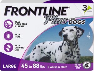 Frontline Plus flea and tick treatment for large dogs in a 3-dose purple package