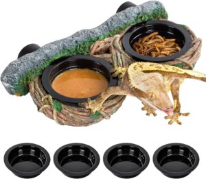 REPTI ZOO Magnetic Reptile Feeding Ledge, Gecko Feeder Ledge with 4PCS Cups, Hollow Vine Food Dish, Reptile Water Bowl for Bearded Dragon Lizard Snake Turtle, Terrarium Tank Accessories