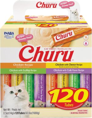 INABA Churu Cat Treats, Lickable, Squeezable Creamy Purée with Vitamin E, 0.5 Ounces per Tube, 120 Tubes Total, Chicken Variety