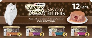 Front packaging view of Fancy Feast savory centers wet cat food 24-pack cans