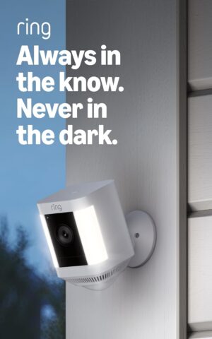 Front view of the white Ring Spotlight Cam Plus Battery security camera