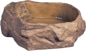 Exo Terra reptile water dish with safety steps featuring a natural rock-like exterior for terrariums.