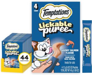 Temptations salmon lickable cat treats 11 pack front view