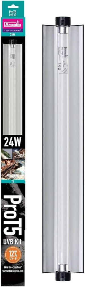 Arcadia T5 UVB Reptile Light Fixture Kit 22.5" Long 24 Watts 12% UVB Desert – Complete UVB Light for Reptiles, Turtles, Snake, Bearded Dragon Lamp, Long Lasting Easy to Use Professional Lighting