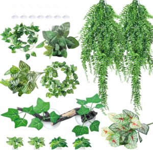 CousDUoBe 12 PCS Reptile Plants Set, Reptile Corner Branch Bearded Dragon Tank Accessories Leopard Gecko Tank Accessories，Terrarium Decorations with Suction Cup