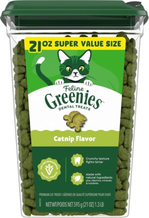Front view of Greenies 21 oz cat dental treats package in catnip flavor
