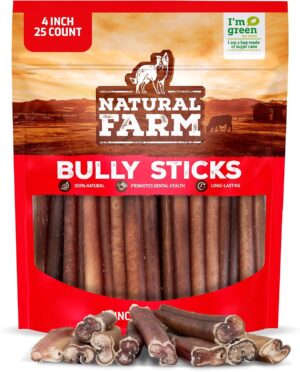 Natural Farm 4-Inch Bully Sticks, Small Dogs & Puppies, 25 Count