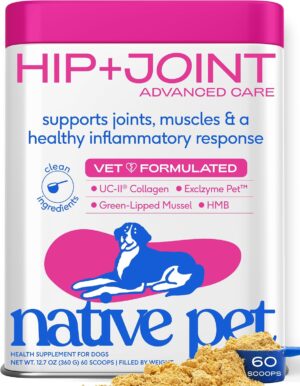 Native Pet Hip & Joint Advanced Care Dog Joint Supplement Powder for Mobility & Movement Support, Joint Supplement for Dogs with HMB, UC-II Collagen, Green Lipped Mussel & Hyaluronic Acid – 60 Scoops