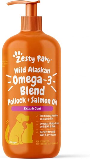 Zesty Paws Salmon Oil for Dogs & Cats - Omega 3 for Dogs & Cats, 32 oz