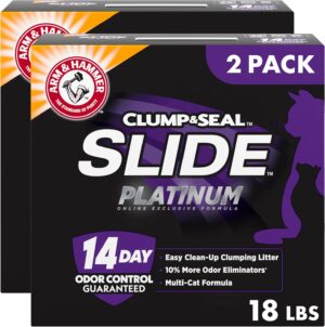 ARM & HAMMER Slide Platinum Easy Clean-Up Clumping Cat Litter, 24/7 Odor Control with Triple-Action Freshness, Non-Stick, Low Tracking & Multi-Cat Formula, Scented, 18 Lbs (Pack of 2)