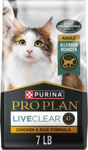 Front view of Purina Pro Plan Allergen Reducing Dry Cat Food in a 7 lb bag