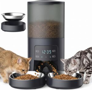 Sweetcrispy automatic cat feeder for 2 cats showing the main front view with dual bowls