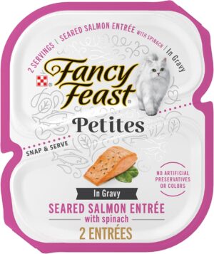 Front view of Purina Fancy Feast Petites salmon wet cat food 12-pack box