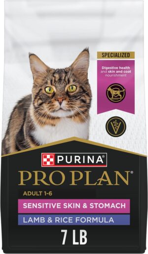 Front view of Purina Pro Plan Sensitive Skin and Stomach Dry Cat Food 7 lb bag with real lamb.