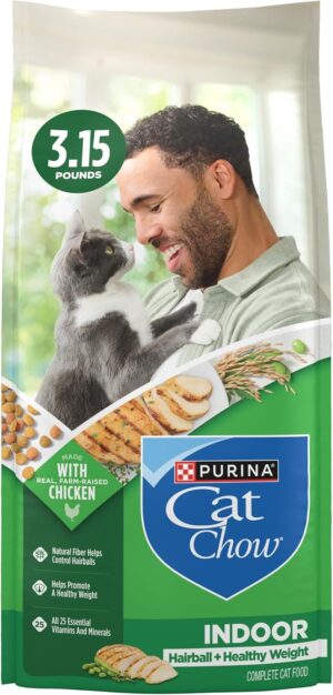 Four 3.15 lb bags of Purina Cat Chow Indoor Hairball + Healthy Weight dry cat food