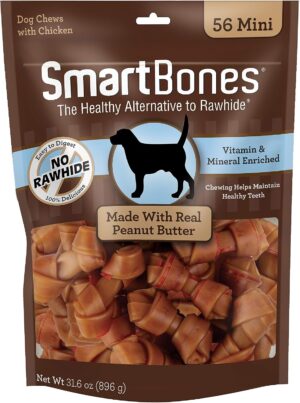 SmartBones Mini Bones with Real Peanut Butter 56 Count, Rawhide-Free Chews for Dogs
