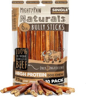 Mighty Paw Naturals Bully Sticks for Small, Medium & Large Dogs, 6" 10 Pack