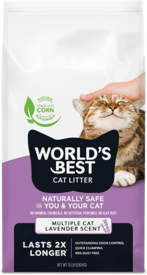 Front view of World's Best Cat Litter Lavender 15 lb bag for long-lasting odor control