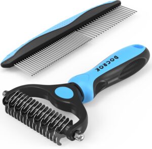 Docrok pet grooming brush and comb combo in blue for long matted fur