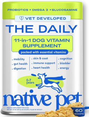 Native Pet The Daily Dog Vitamins & Supplements - 11-in-1 Multivitamin for Dogs - Daily Powder Supplement with Probiotics, Collagen - 60 Scoops