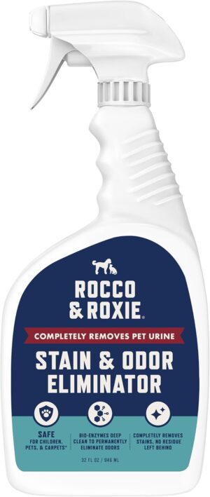 Front view of Rocco and Roxie Pet Enzyme Stain and Odor Eliminator 32 Fl Oz bottle