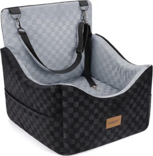 JOEJOY Elevated Dog Car Seat for Small/Medium Dogs up to 35 lbs, Memory Foam Booster Seat with Detachable Washable Cover, Travel-Safe Car Bed with Safety Belts & Storage Pockets, Grey