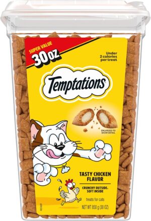 Front view of the 30 oz Temptations Classic chicken cat treats tub packaging
