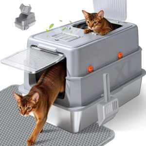 Enclosed Stainless Steel Litter Box, XL Covered MetalPan Includes Mat Scoop