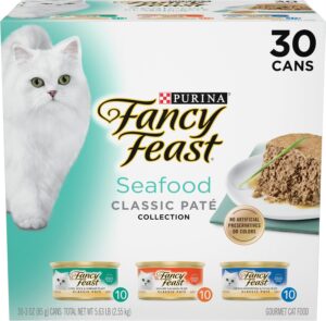 Purina Fancy Feast seafood pate wet cat food 30 pack box front view