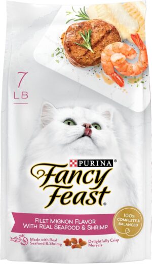 Front view of the Fancy Feast dry cat food 7 lb bag featuring real seafood and shrimp