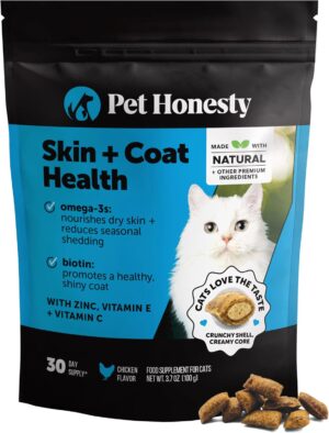 Pet Honesty cat skin and coat supplement tub showing crunchy creamy chews front view
