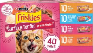 Front view of Purina Friskies Prime Filets wet cat food 40-pack cans variety box.