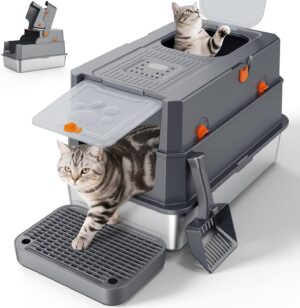 FURTIME Stainless Steel Litter Box with Lid, Enclosed Metal Cat Litter Box
