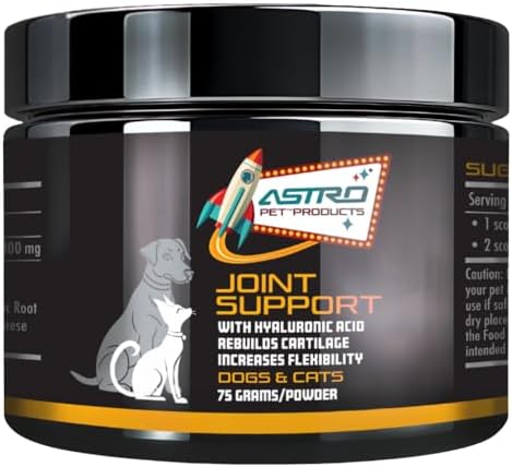 Powder formula of joint support supplement for dogs and cats in a scoop