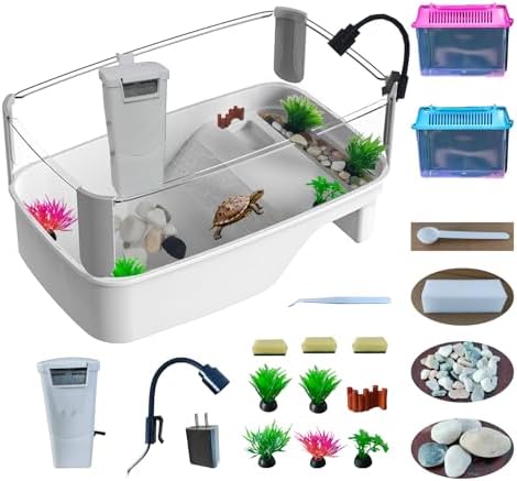 Close-up of the small turtle tank kit showing its built-in water circulation filter