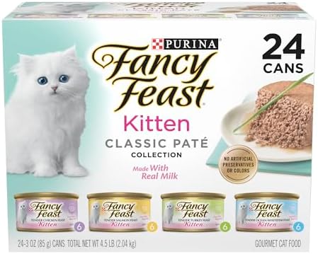 Front view of fancy feast wet kitten food cans featuring chicken and turkey