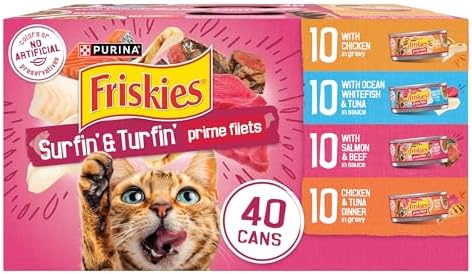 Close-up of Friskies Prime Filets wet cat food shredded chunks in savory gravy.