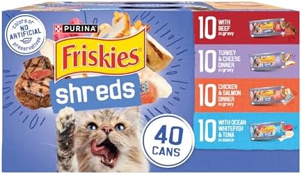 Close-up of Friskies shreds in gravy cat food texture on a plate