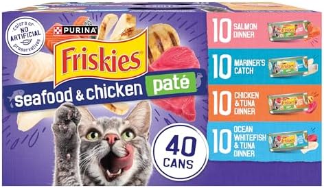 Close-up of smooth pate texture inside an open Friskies wet cat food can.